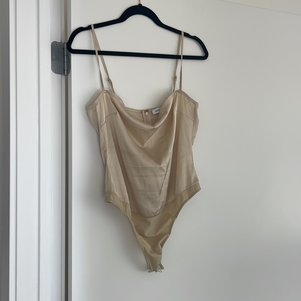 WeWoreWhat Strappy Satin Chiffon Bodysuit in Crème Brûlée - Picture 7 of 10